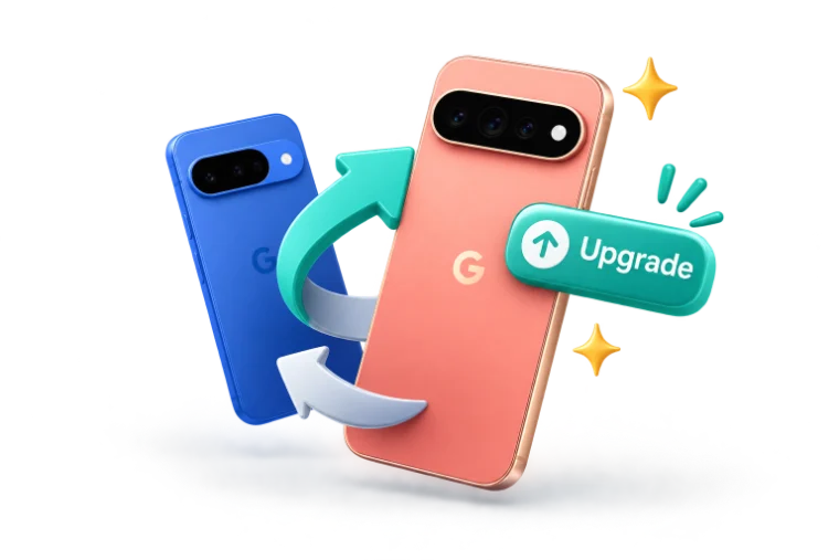 Google Pixel devices with an upgrade badge, illustrating the yearly upgrade programme